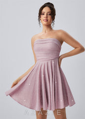 Jacinthe Pink Strapless Glitter Ruched Lace-Up Skater Mini Dress