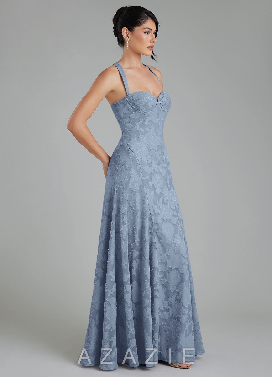 Azazie Bea Dusty Blue A-Line Corset Floral Burnout Dress dusty_blue