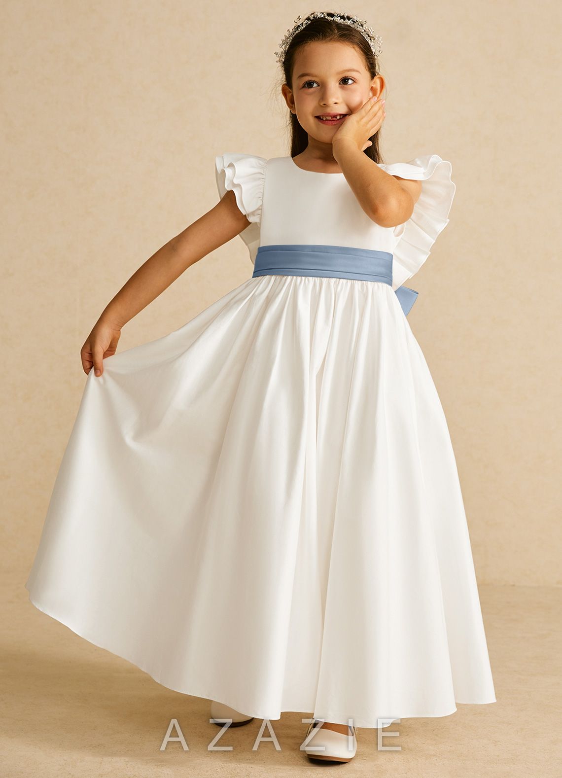 Azazie Aero Ivory Dusty Blue A-Line Pleated Cotton Dress ivory/dusty_blue