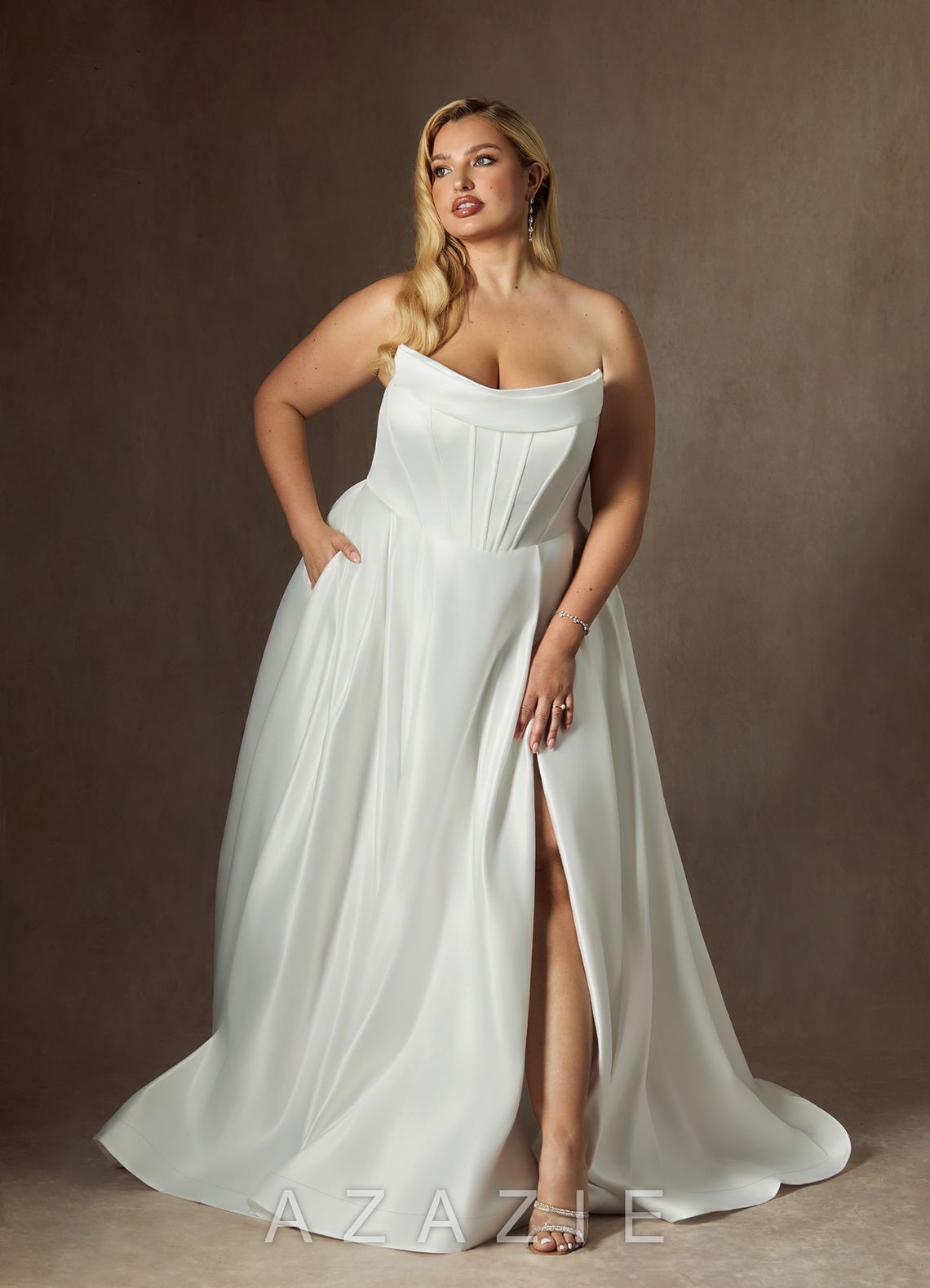 Azazie Katalina Diamond White Ball-Gown Strapless Satin Dress diamond_white