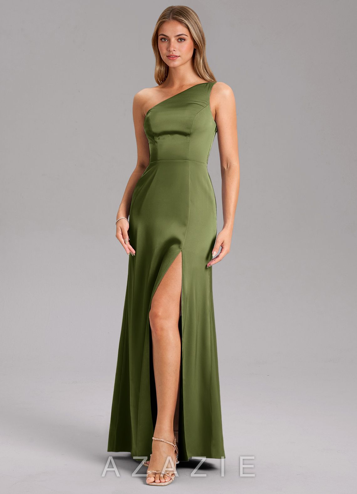 Azazie Phaedra Olive A-Line One Shoulder Stretch Satin Dress olive