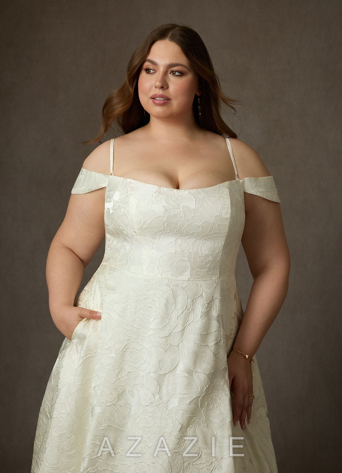 Azazie Amaya Antique White Ball-Gown Strapless Floral Jacquard Dress antique_white