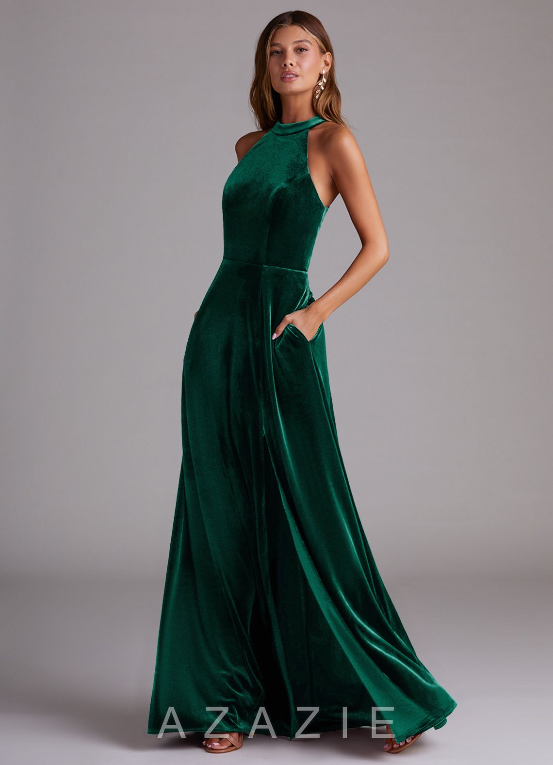 Azazie Larice Emerald A-Line High Neck Velvet Dress emerald