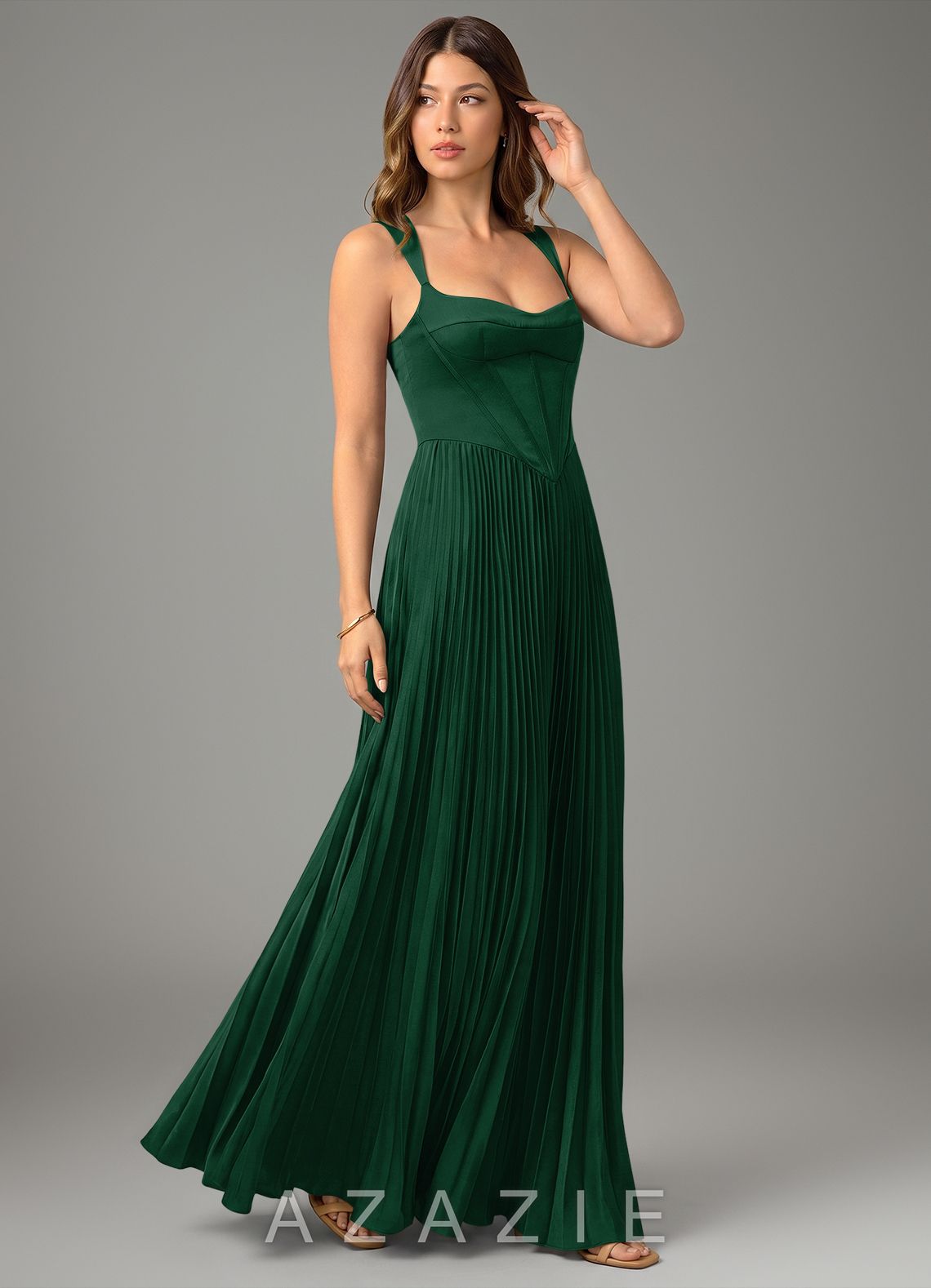 Azazie Avenelle Dark Green A-Line Corset Stretch Satin Dress dark_green