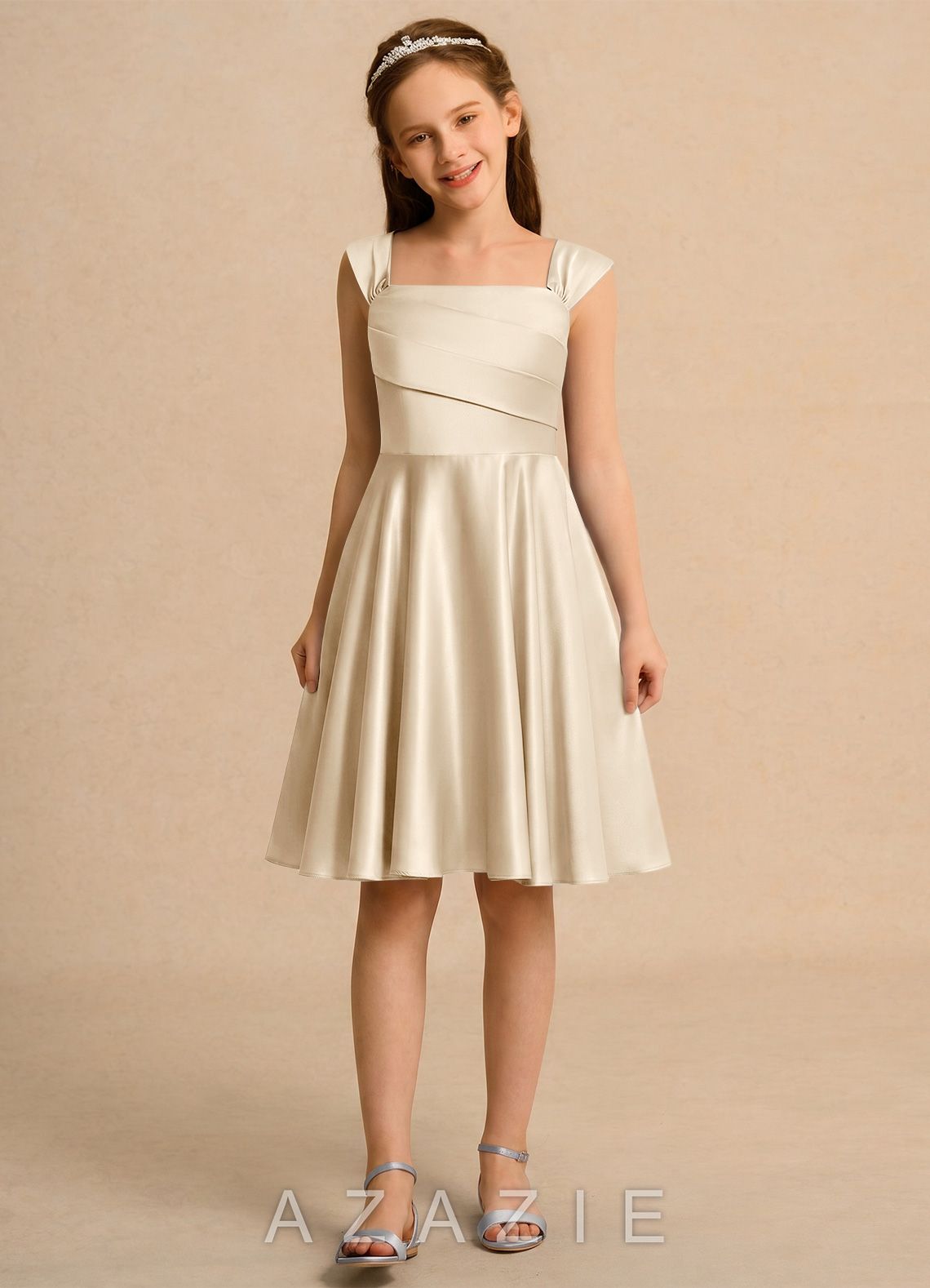 Azazie Budle Girls Formal Champagne A-Line Pleated Matte Satin Dress champagne