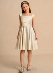 Azazie Budle Girls Formal Champagne A-Line Pleated Matte Satin Dress champagne