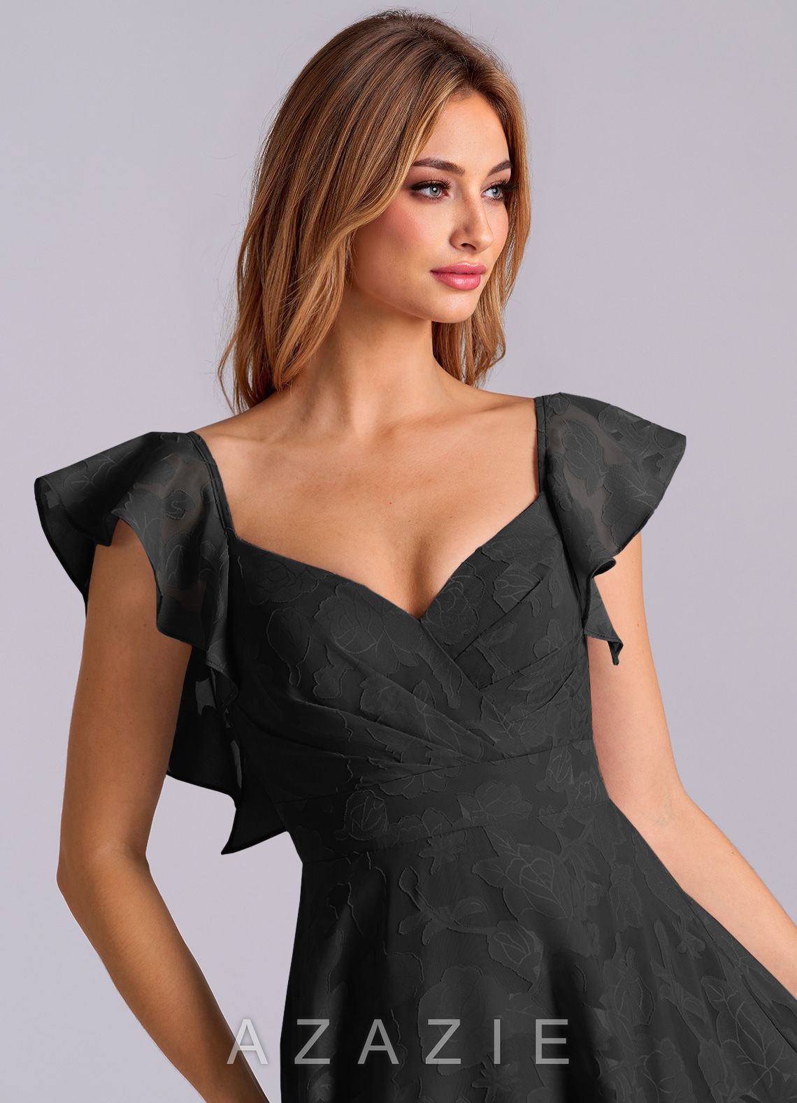Azazie Leilani Black A-Line Sweetheart Neckline Floral Burnout Dress black