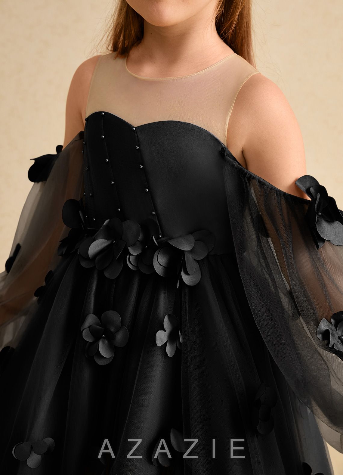 Azazie Karrie Black A-Line with Sleeves Tulle Dress black