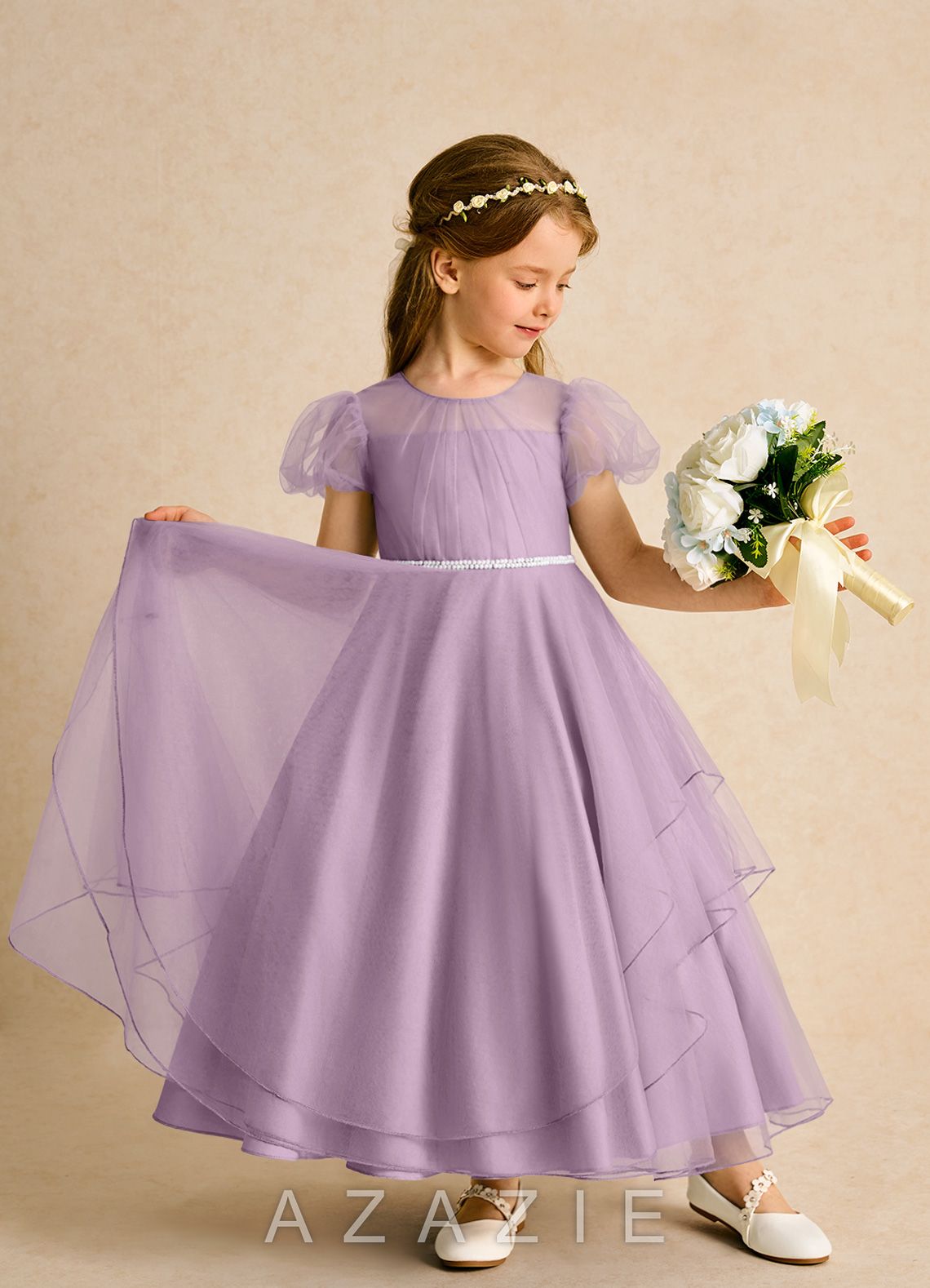 Azazie Duckie Wisteria Ball-Gown Pleated Tulle Dress wisteria