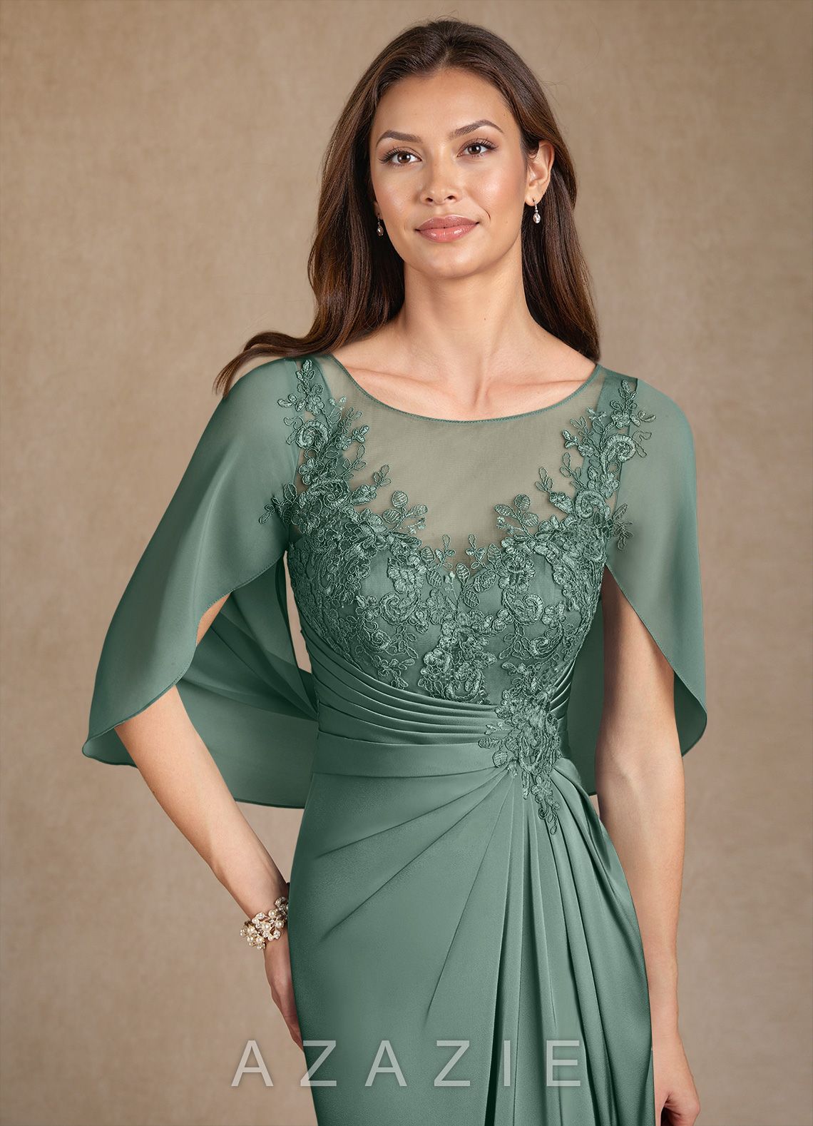 Azazie Hera Eucalyptus A-Line Lace Stretch Satin Dress eucalyptus