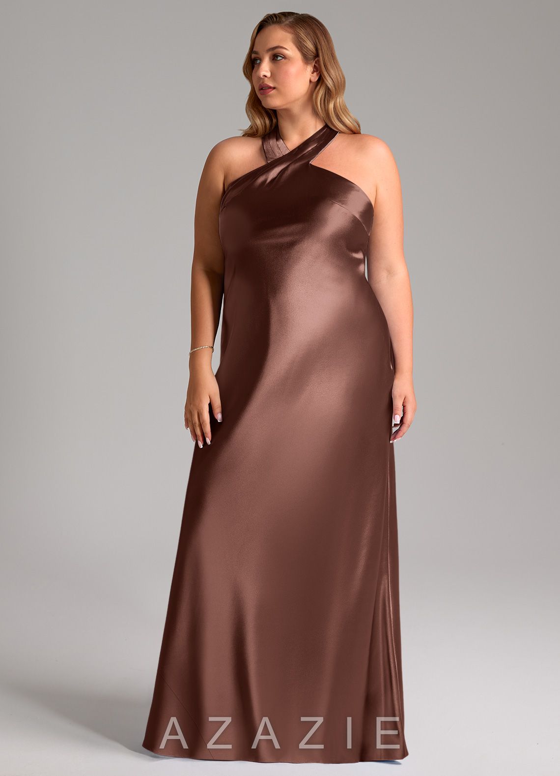 Azazie Doretta Espresso Mermaid Bow Metallic Satin Dress espresso