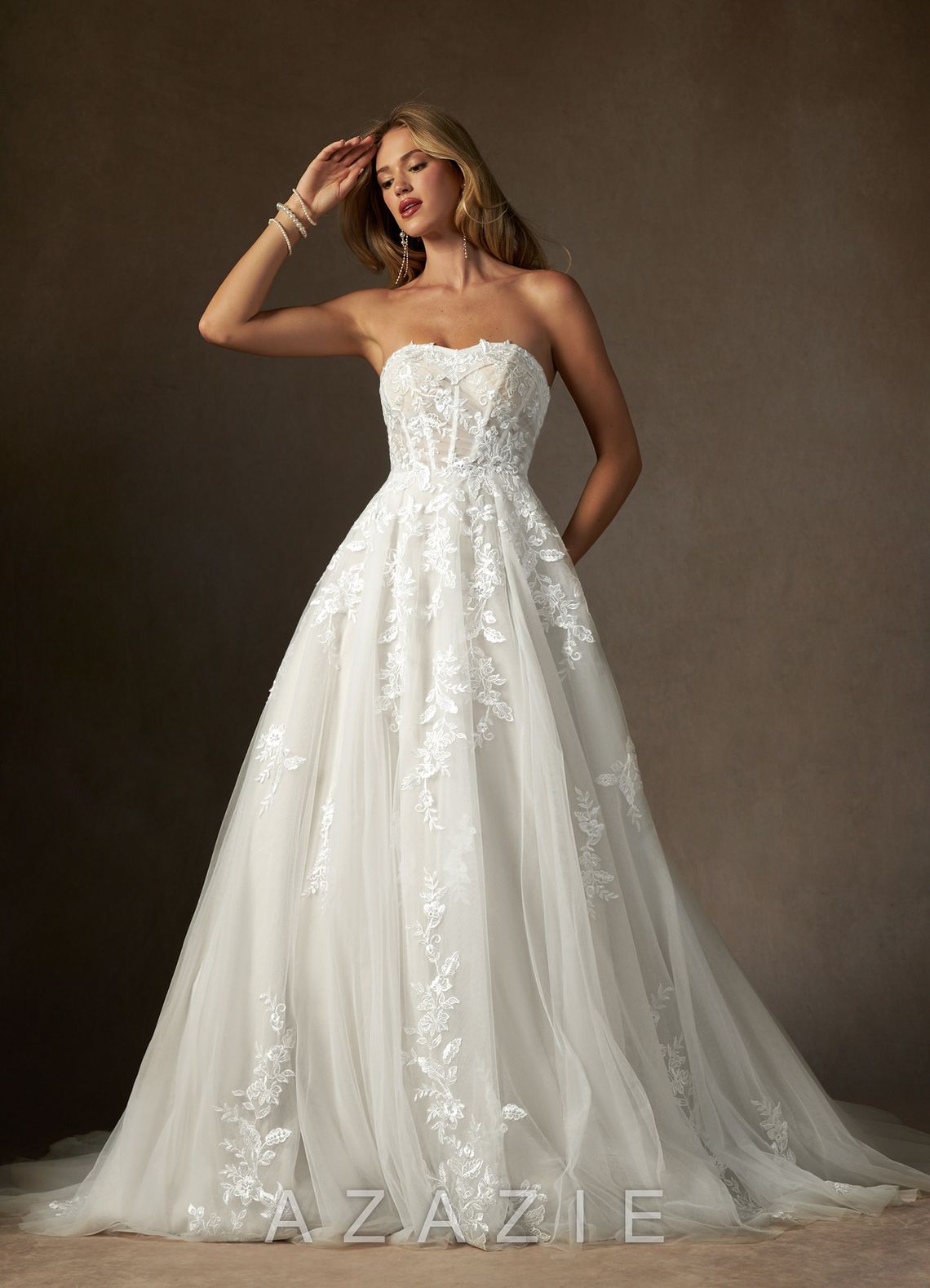 Azazie Keri Diamond White Ball-Gown Strapless Lace Dress