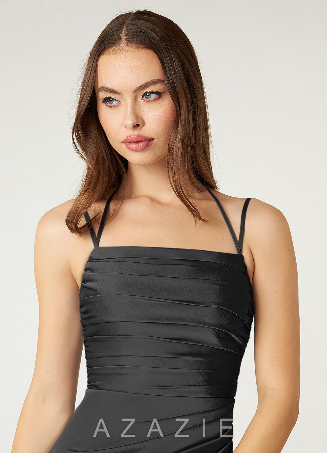 Azazie Desi Black Sheath Halter Corset Stretch Satin Dress black