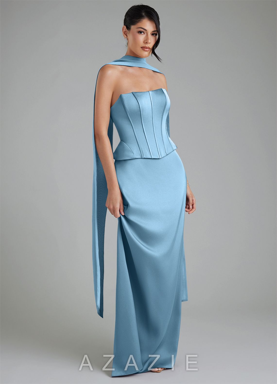 Azazie River Steel Blue Sheath Corset Stretch Satin Convertible Dress