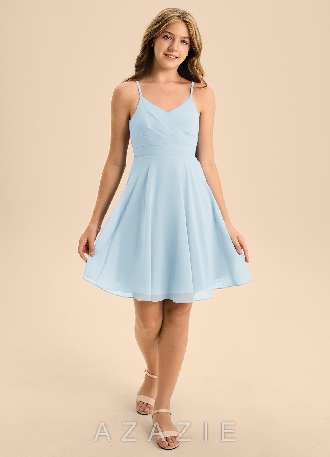 Azazie Avelina Junior Sky Blue A-Line Pleated Chiffon Dress sky_blue