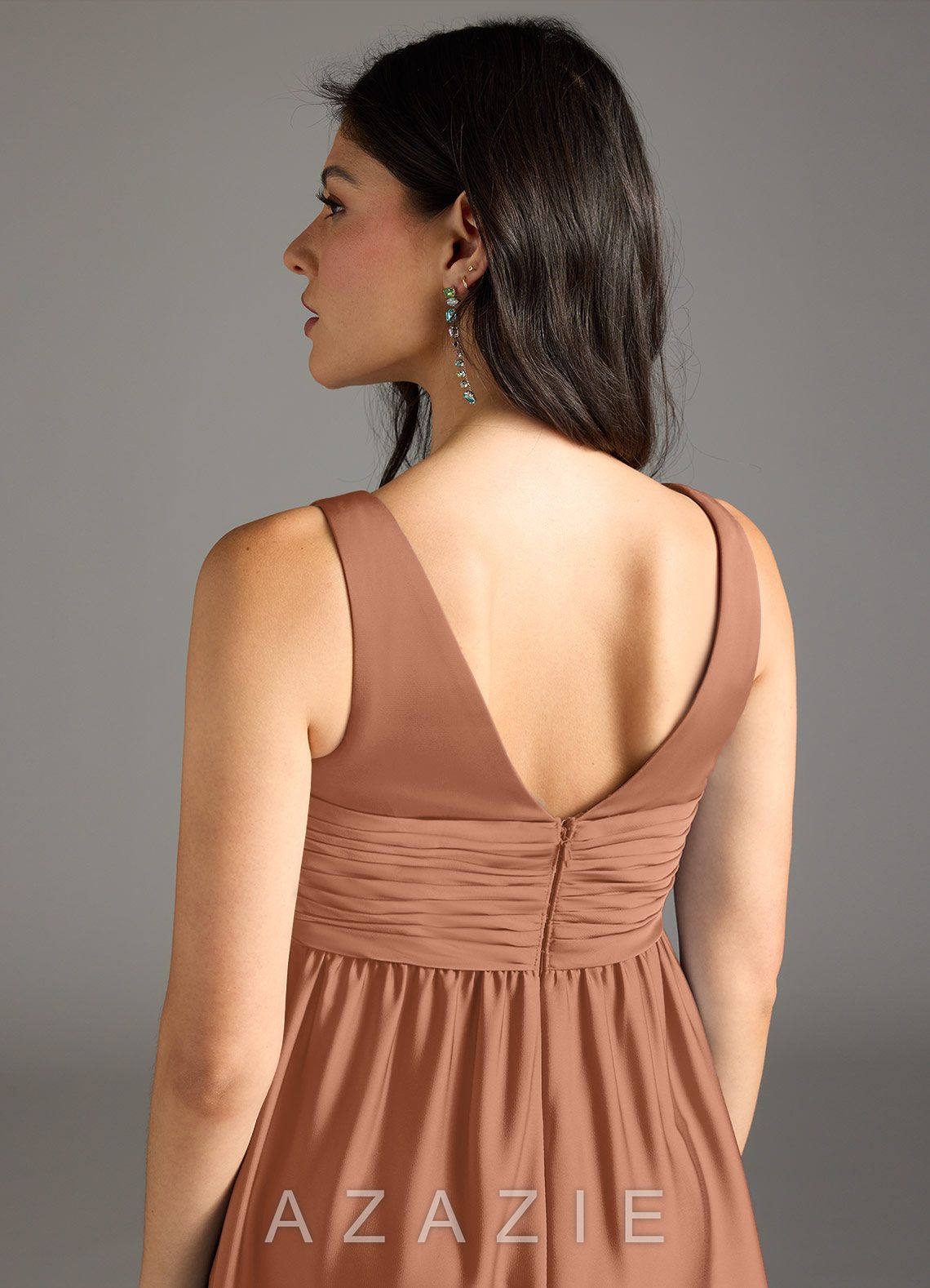 Azazie Yetta A-Line Pleated Stretch Satin Floor-Length Dress bronzer