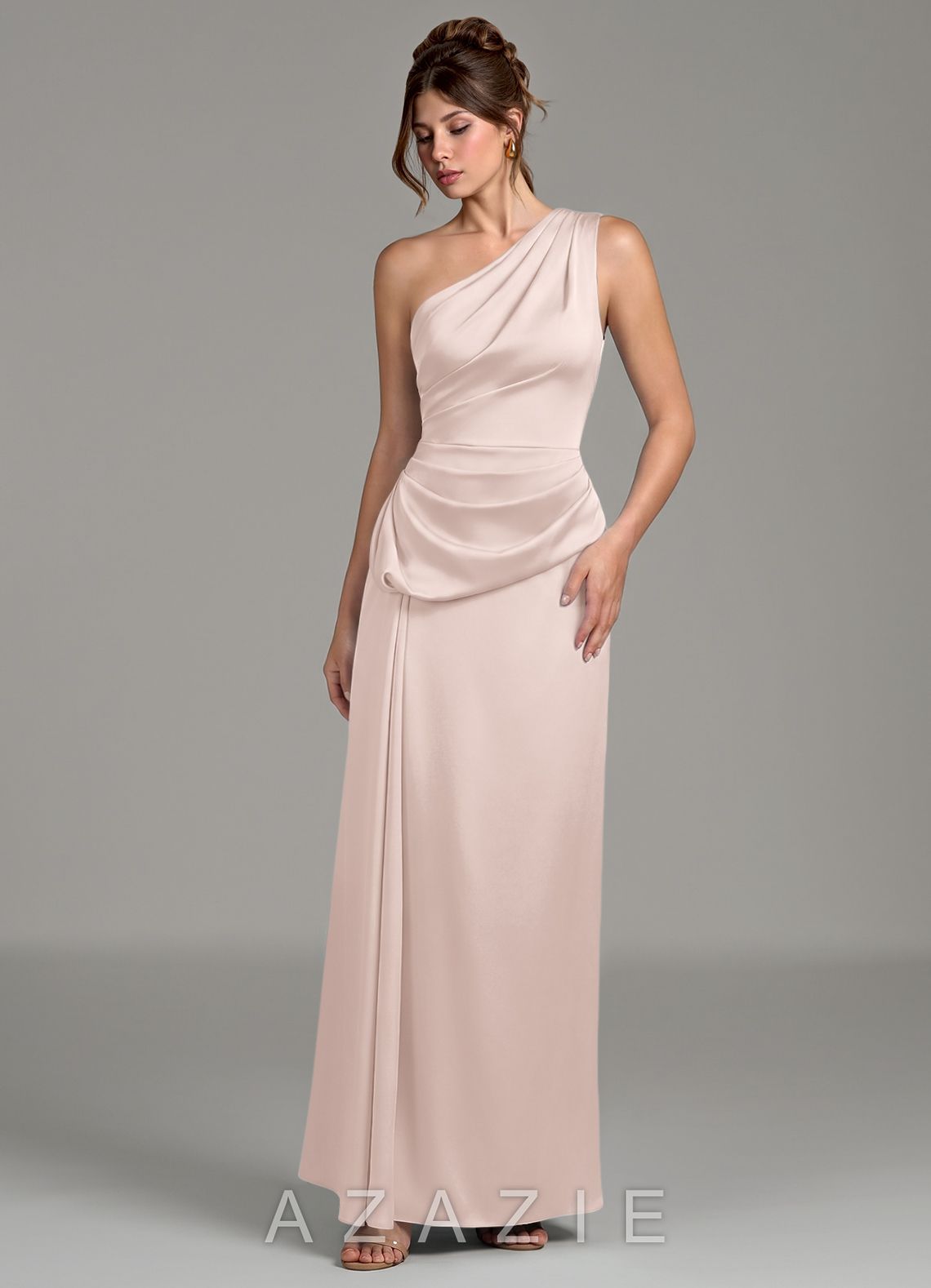 Azazie Zahira Blushing Pink Sheath One Shoulder Stretch Satin Dress blushing_pink