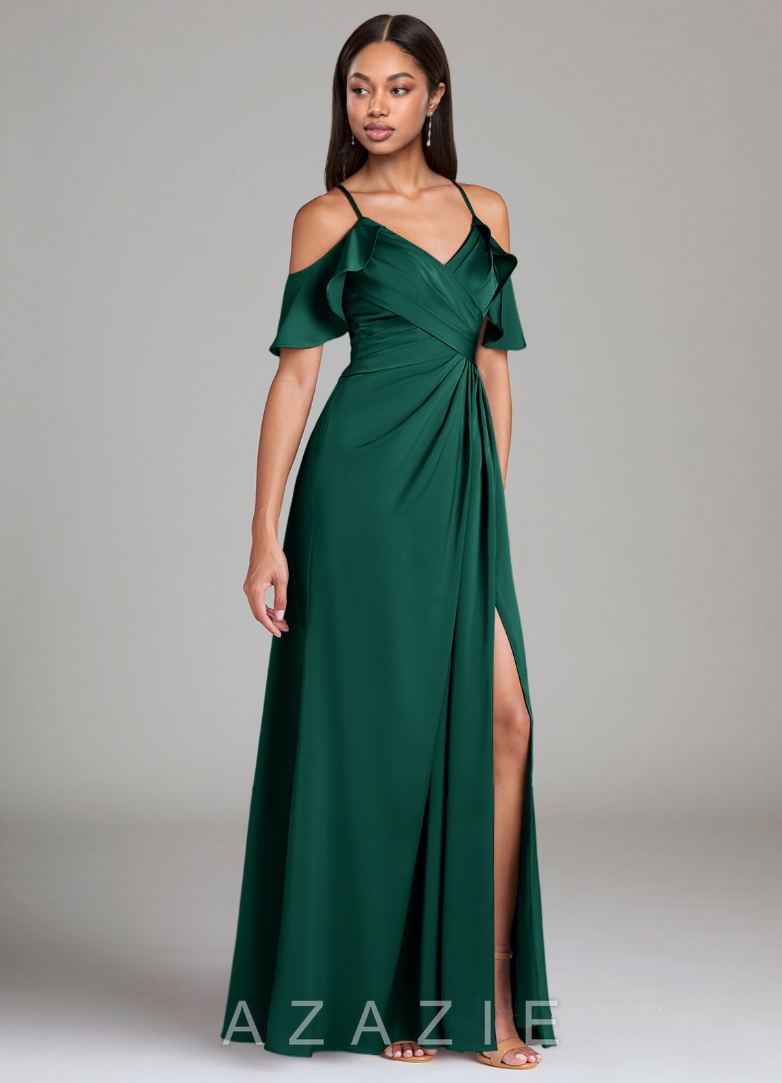 Azazie Dakota Emerald A-Line Off the Shoulder Stretch Satin Dress