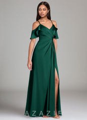 Azazie Dakota Emerald A-Line Off the Shoulder Stretch Satin Dress