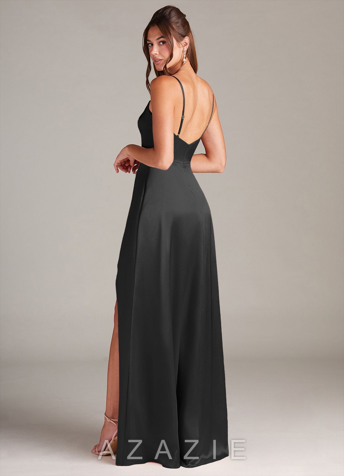 Azazie Sarella Black A-Line with Pockets Metallic Satin Dress black