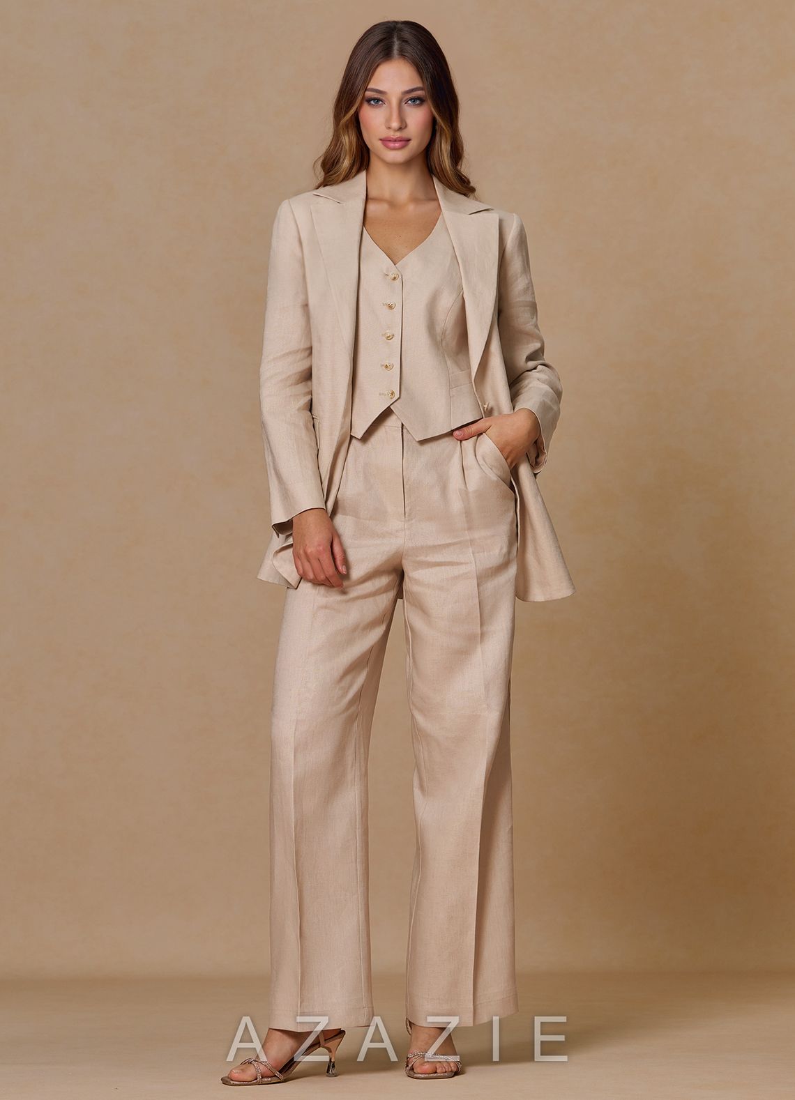Belicia Tan 100% Linen 2-Piece Suit