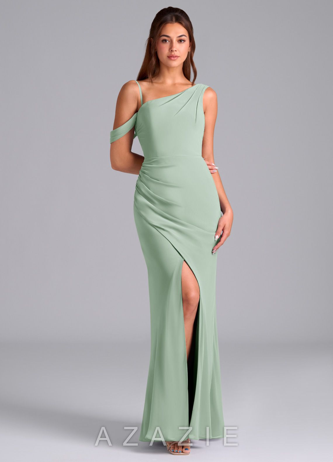 Azazie Madelyn Agave Mermaid One Shoulder Chiffon Convertible Dress agave