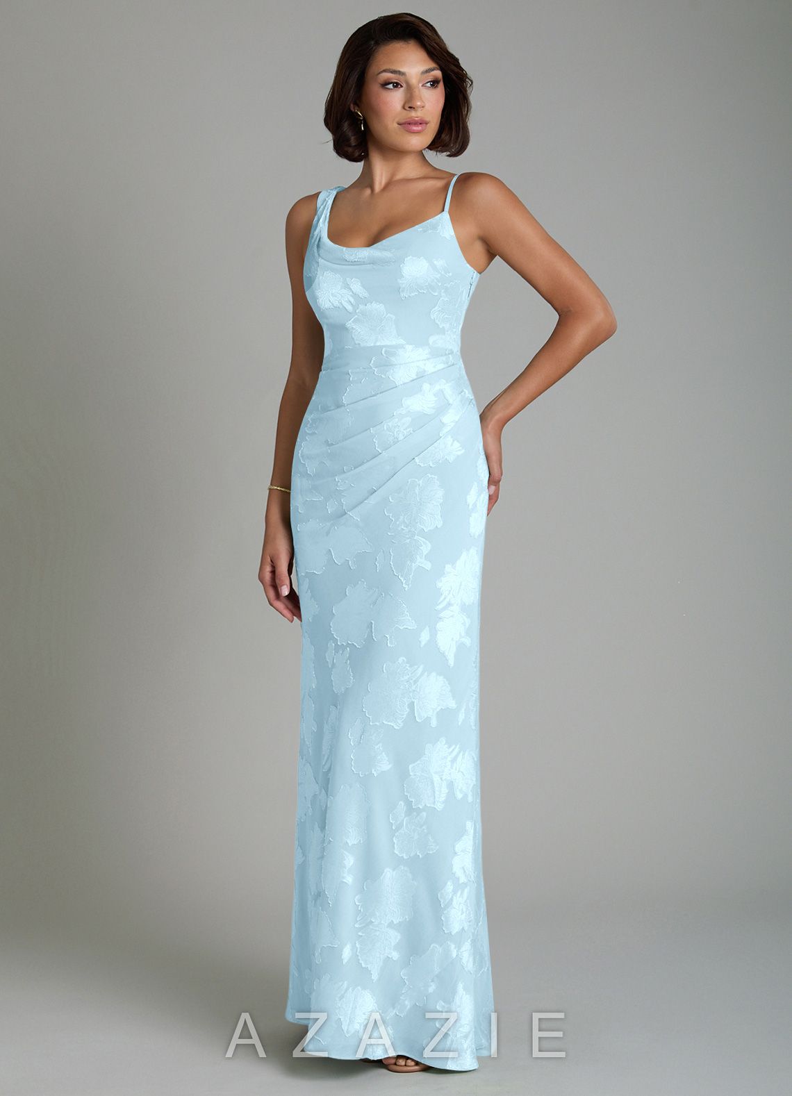Azazie Xara Sky Blue Sheath Pleated Floral Jacquard Burnout Dress
