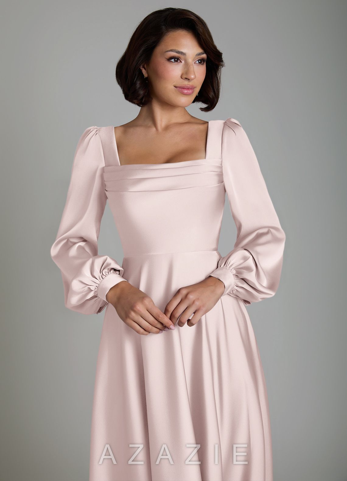 Azazie Solana Blushing Pink A-Line Long Sleeve Stretch Satin Dress blushing_pink