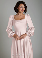 Azazie Solana Blushing Pink A-Line Long Sleeve Stretch Satin Dress blushing_pink
