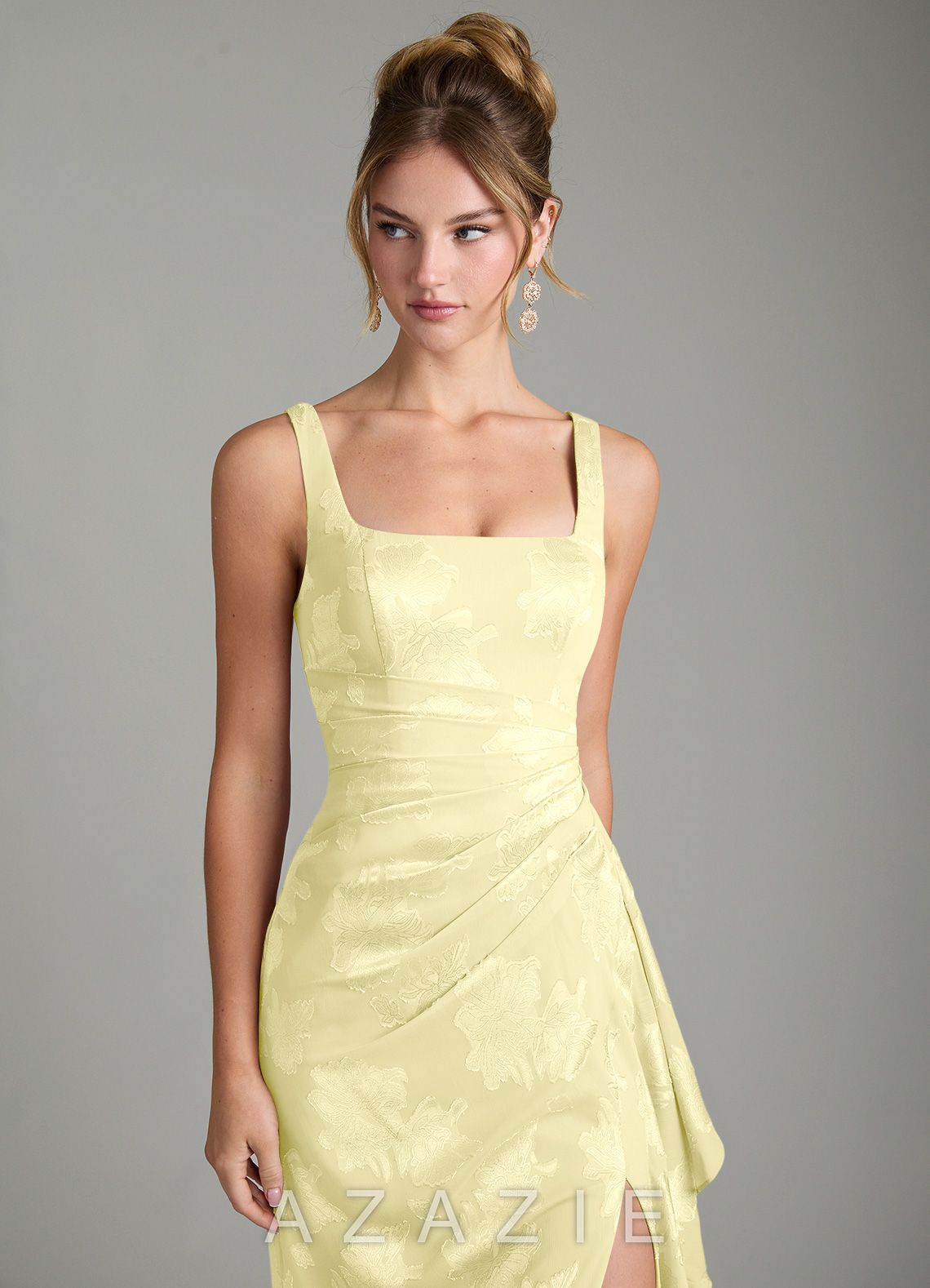 Azazie Veronica Lemon Sorbet Mermaid Pleated Floral Jacquard Burnout Dress lemon_sorbet