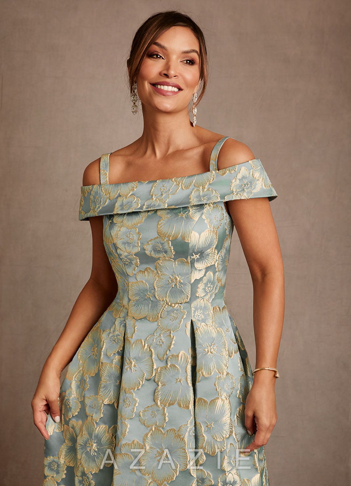 Azazie Centralia Aqua Blue Jacquard A-Line Off the Shoulder Floral Jacquard Dress aqua_blue_jacquard