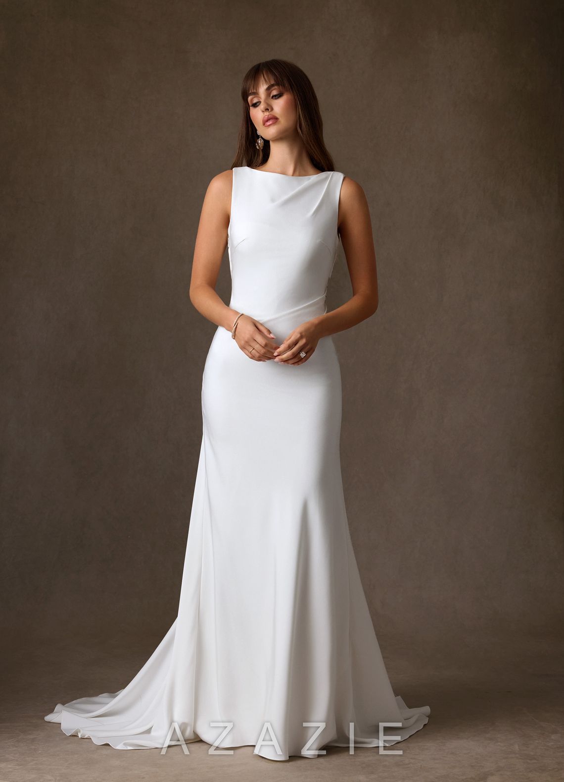Azazie Minna Diamond White A-Line Boatneck Crepe Back Satin Dress diamond_white