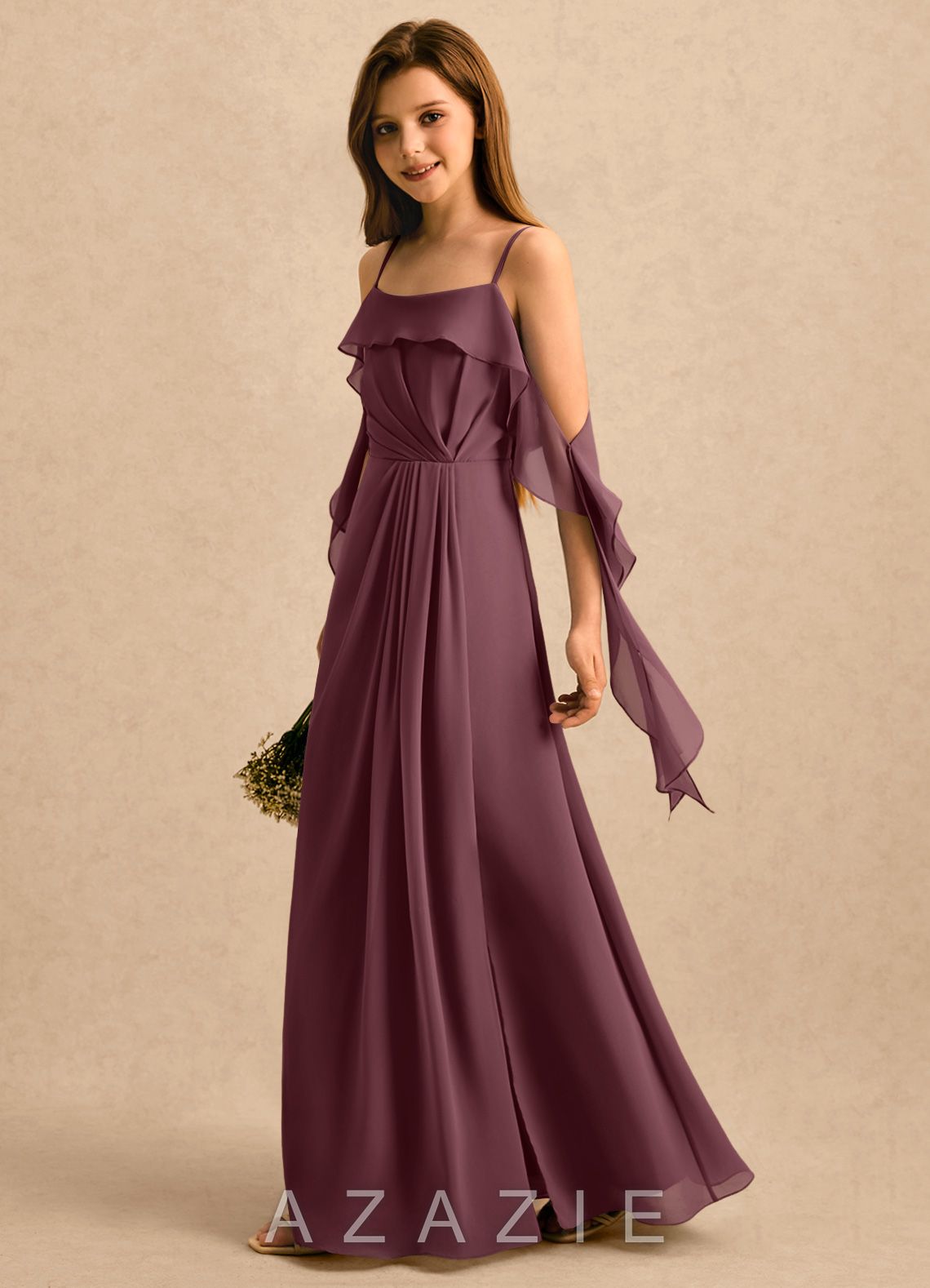 Azazie Ameena Girls Formal Sangria A-Line Ruched Chiffon Dress sangria