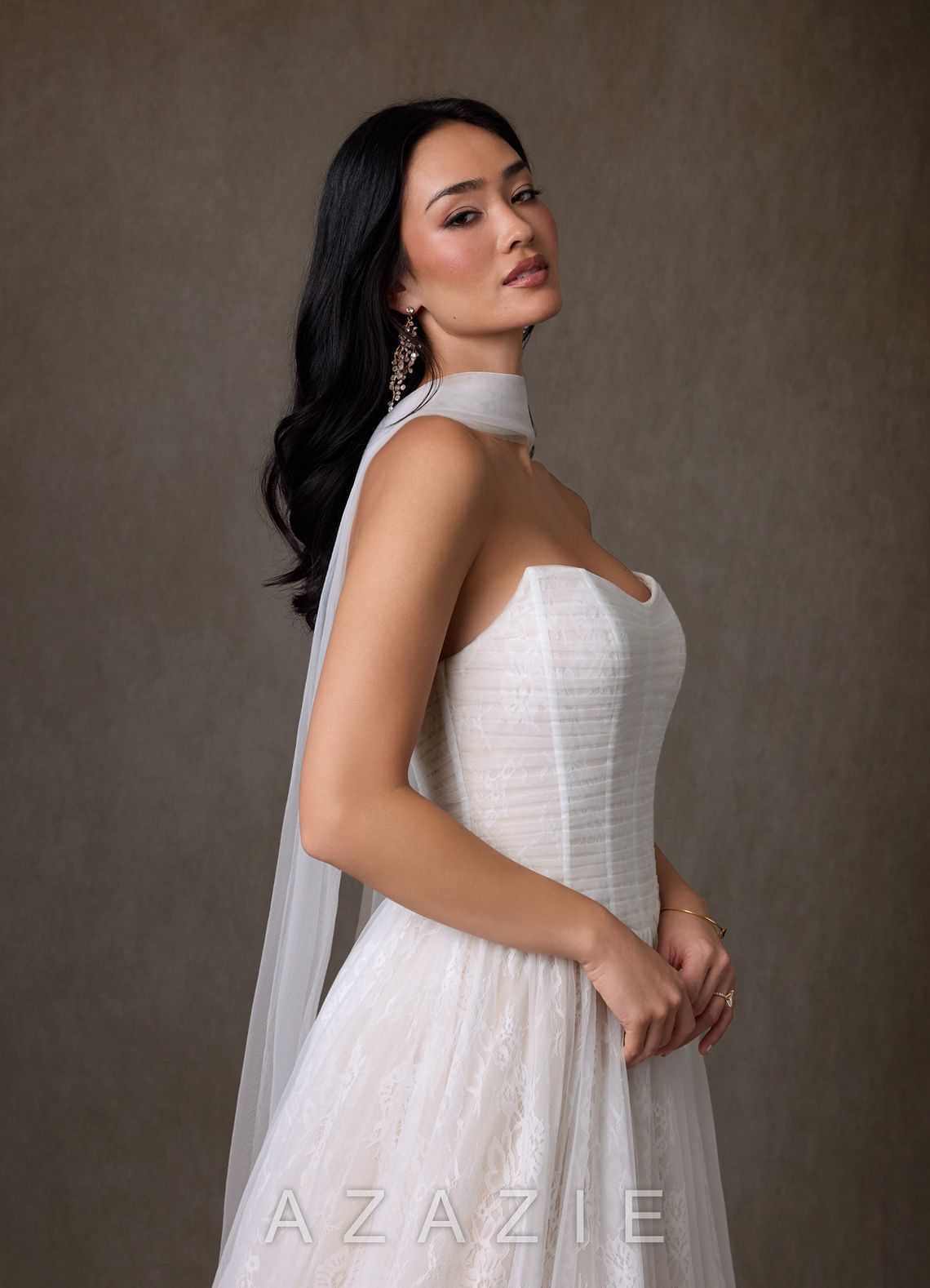 Azazie Adriana Diamond White Champagne A-Line Strapless Lace Dress