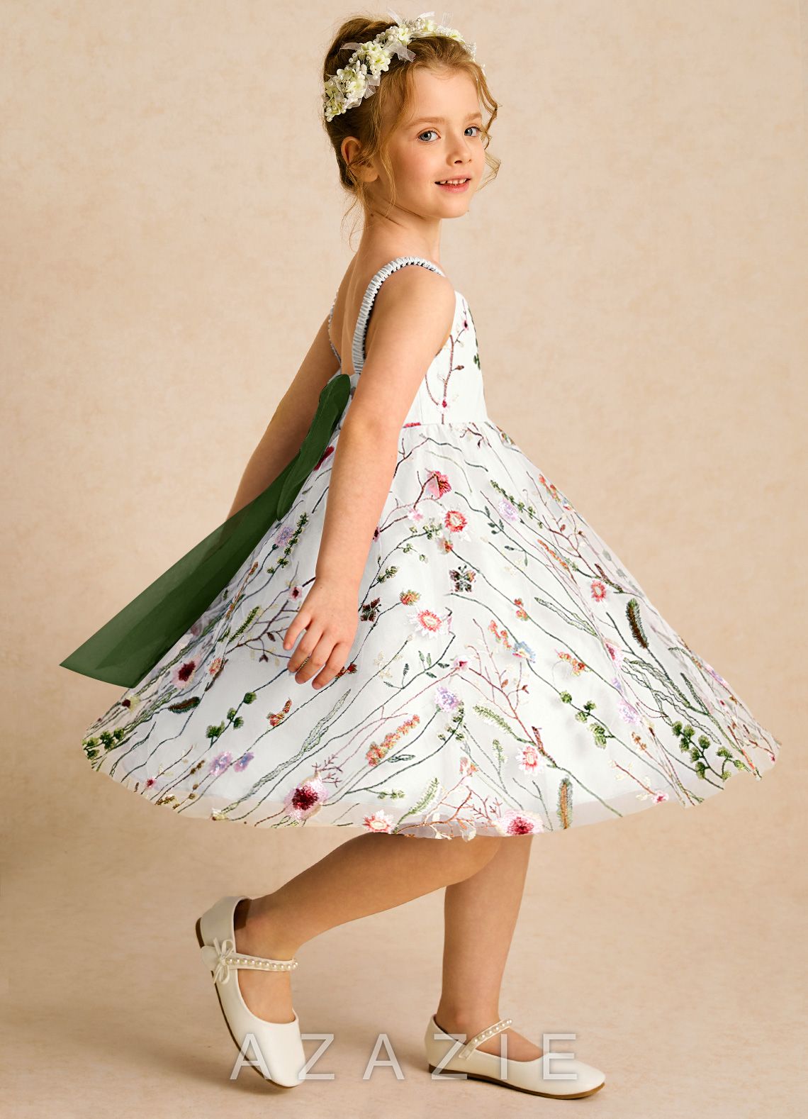 Azazie Peppa Ivory Olive A-Line Sweetheart Neckline Tulle Dress ivory/olive