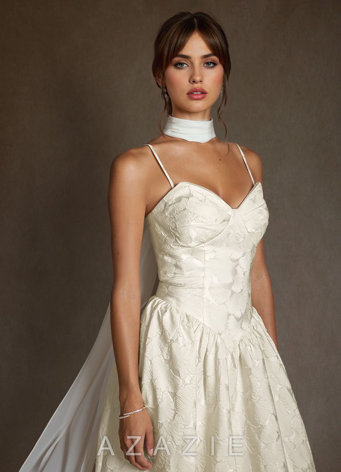 Azazie Devam Cream A-Line Strapless Floral Jacquard Dress cream