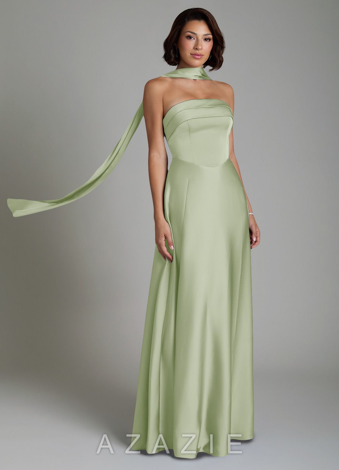 Azazie Odele Dusty Sage A-Line Strapless Stretch Satin Dress