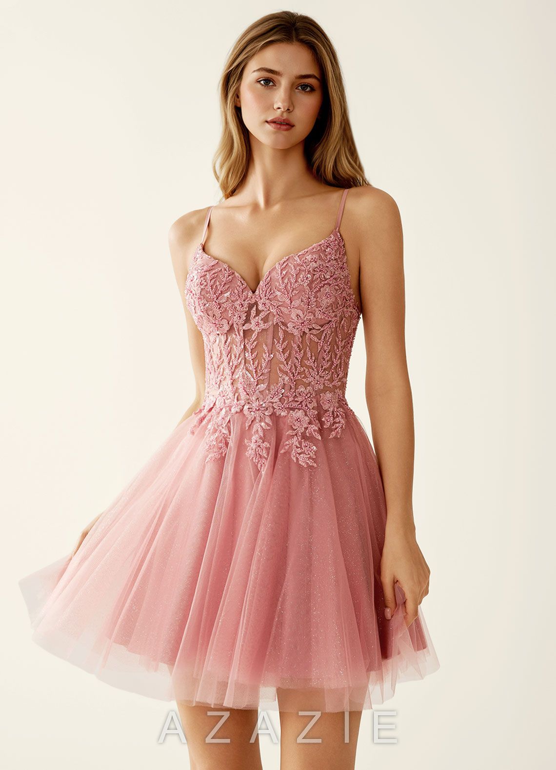 Linevange Dusty Pink Beading Lace Sequin Embroidery Tulle Mini Dress