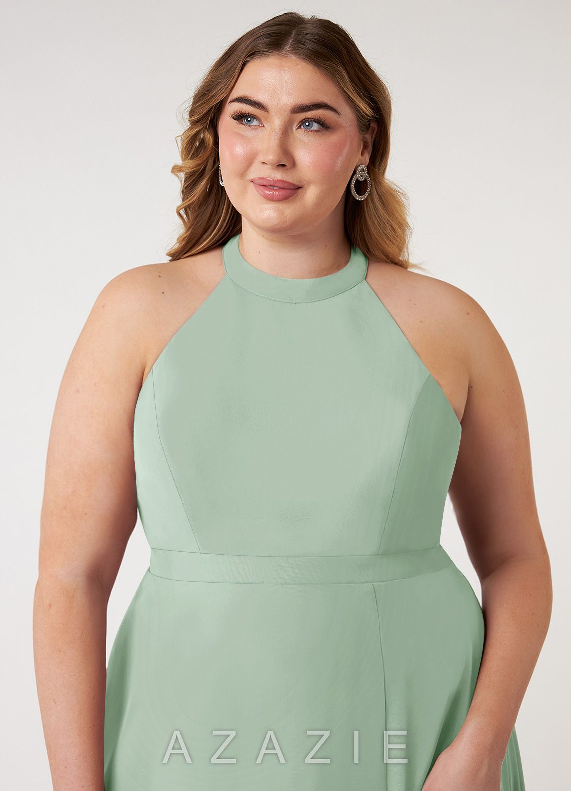 Azazie Clarice Agave A-Line Halter Chiffon Dress agave