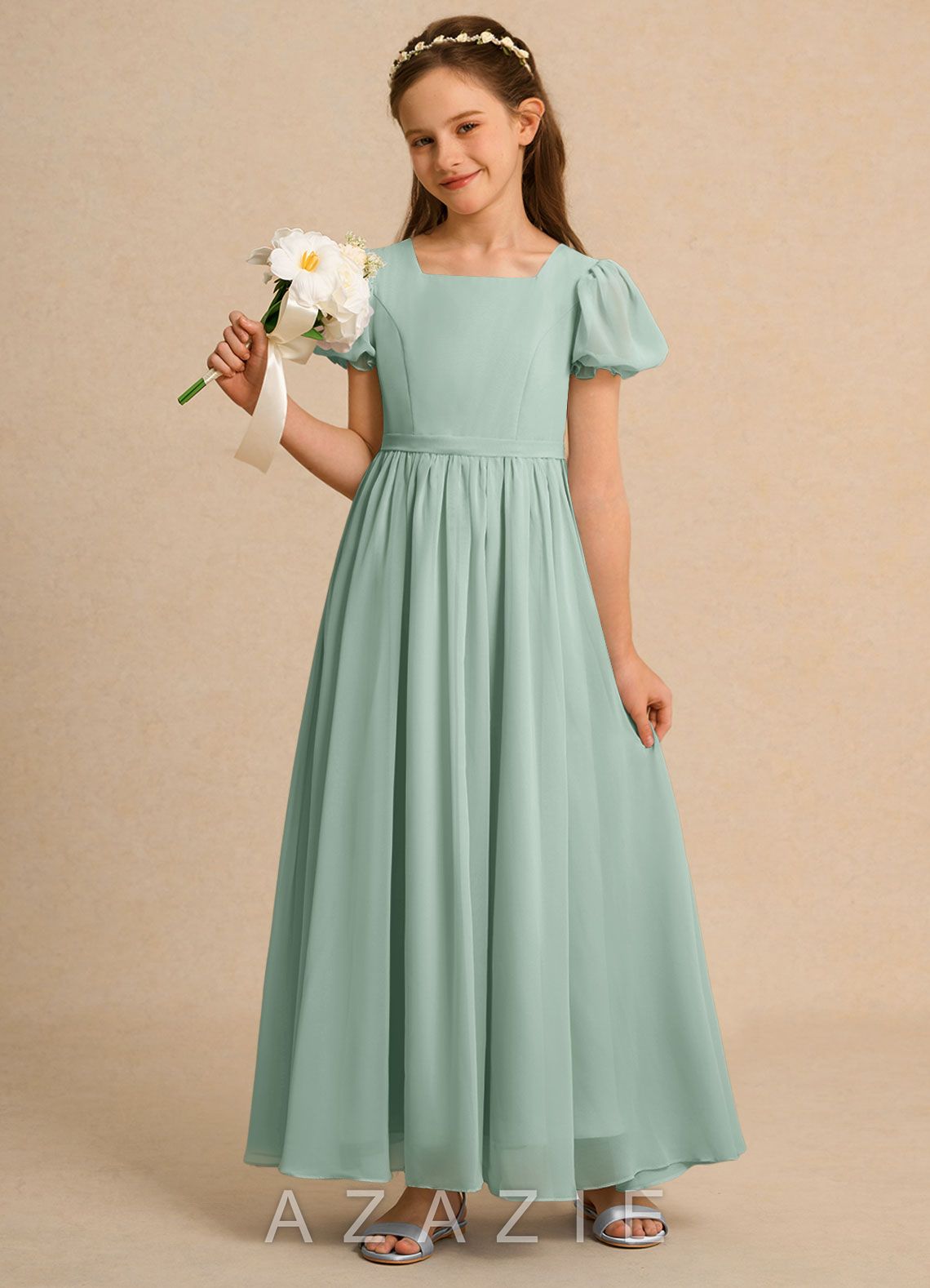 Azazie Lilia Girls Formal Agave A-Line with Sleeves Chiffon Dress