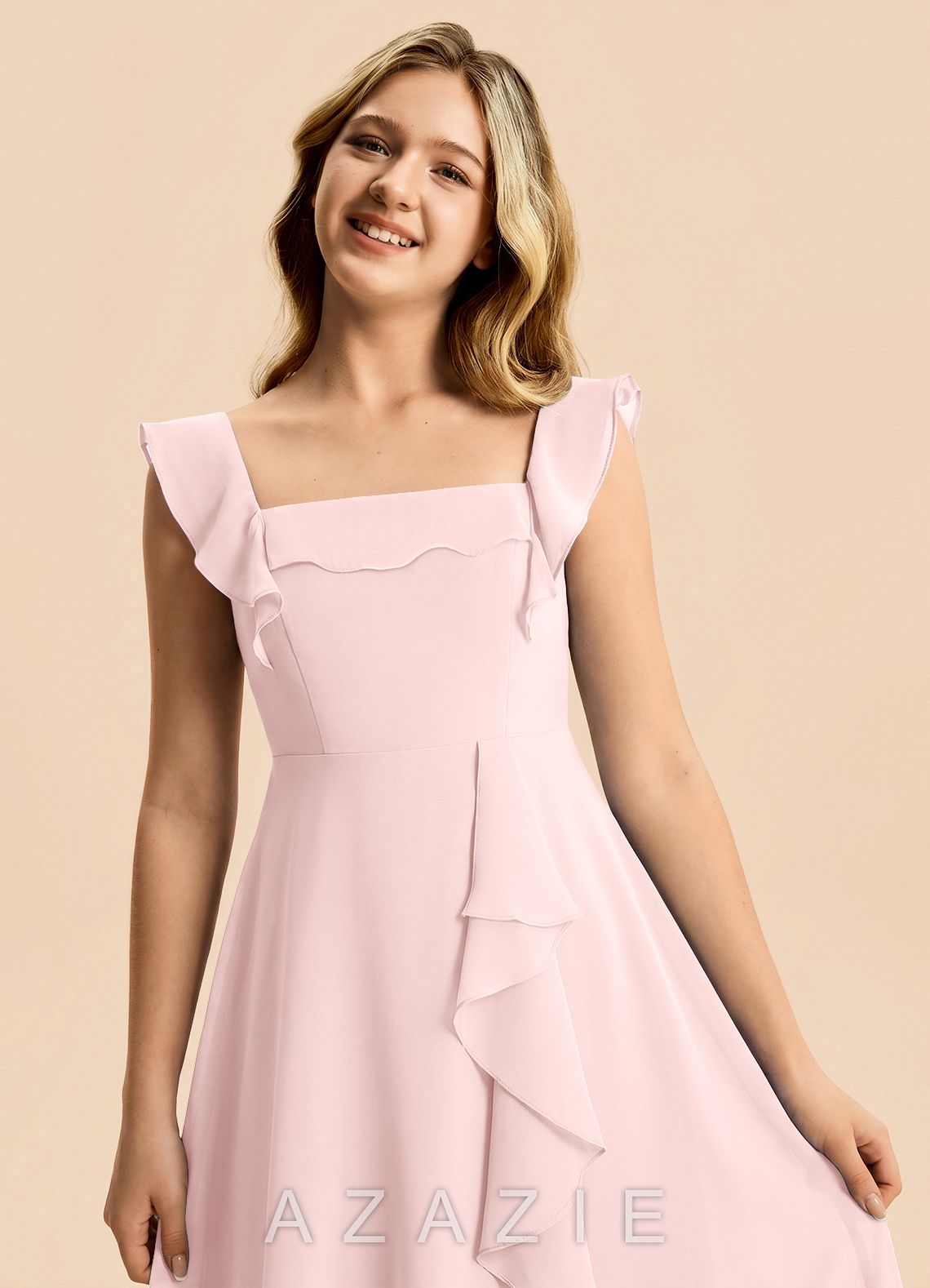 Azazie Nori Junior Blushing Pink A-Line Ruched Chiffon Dress blushing_pink