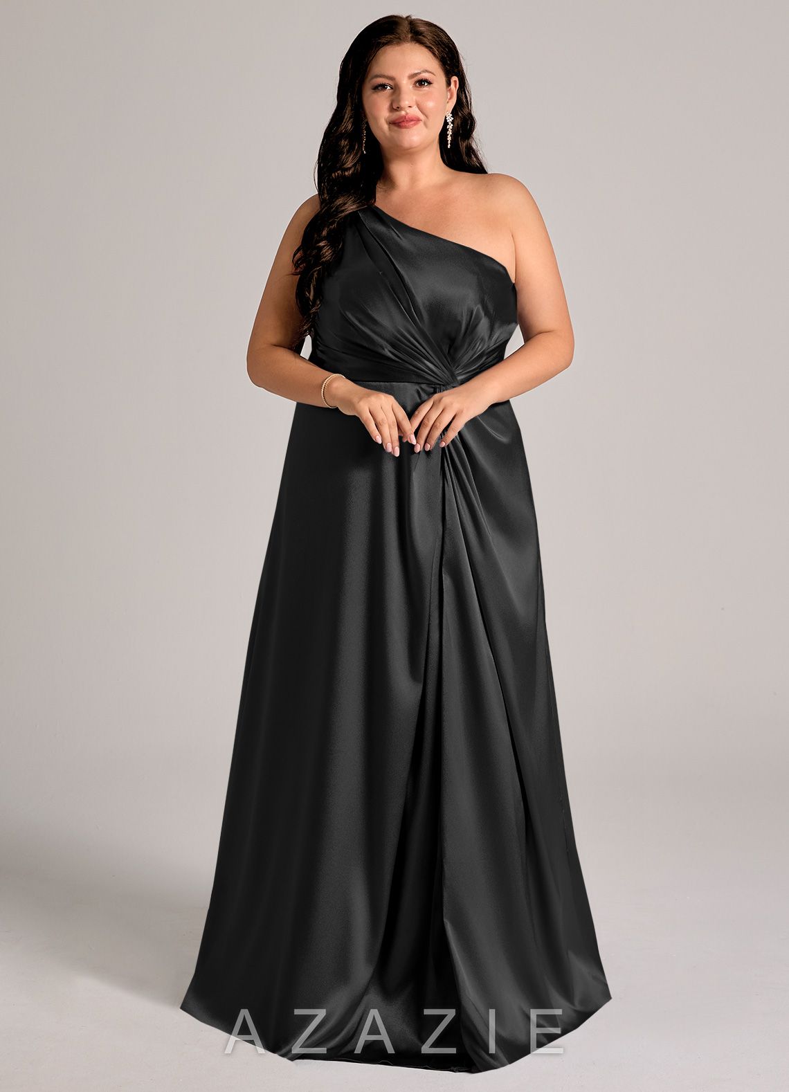 Azazie Brooke Black A-Line One Shoulder Metallic Satin Dress black