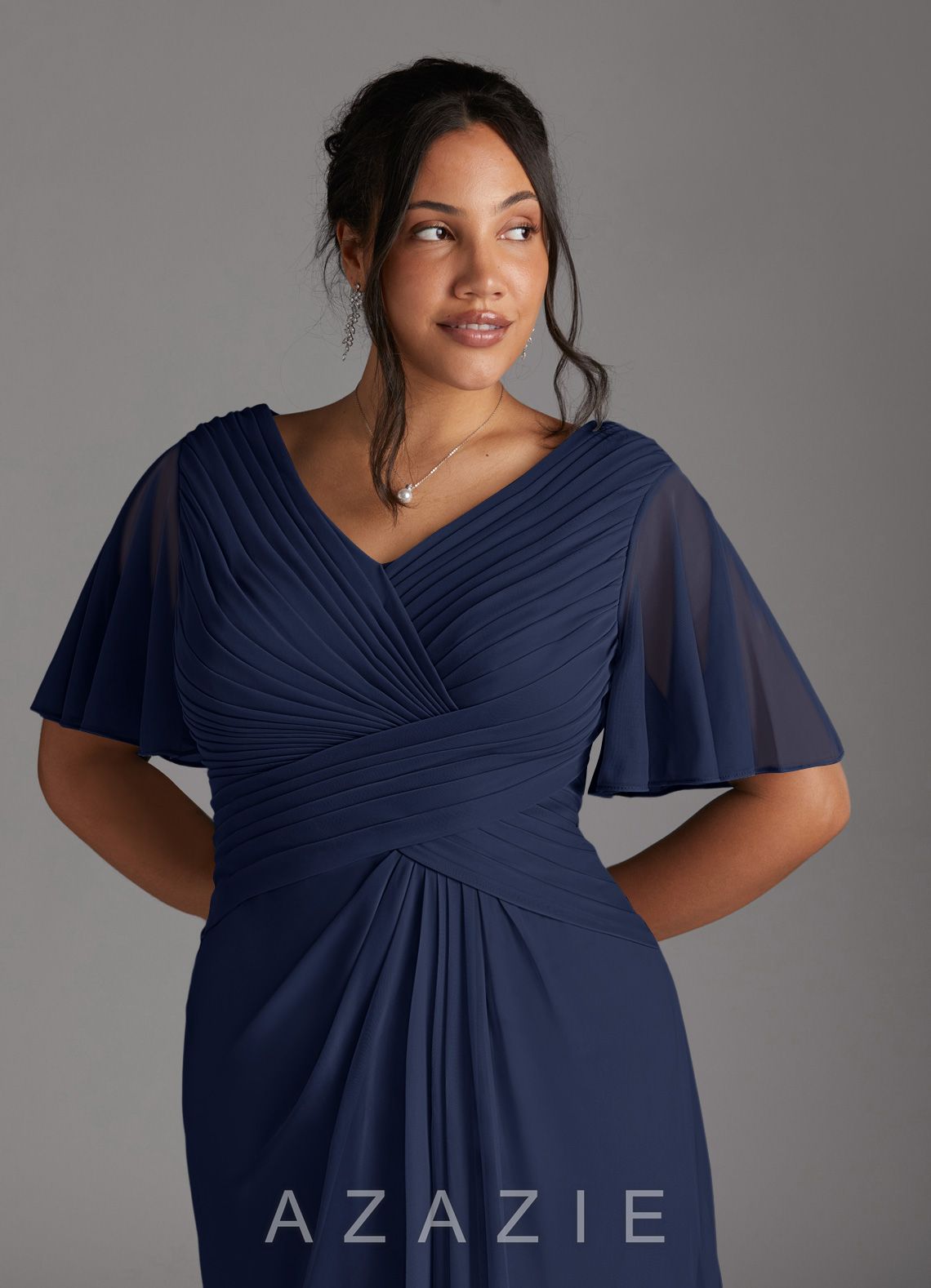 Azazie Emmeline Dark Navy A-Line V-Neck Pleated Mesh Dress dark_navy
