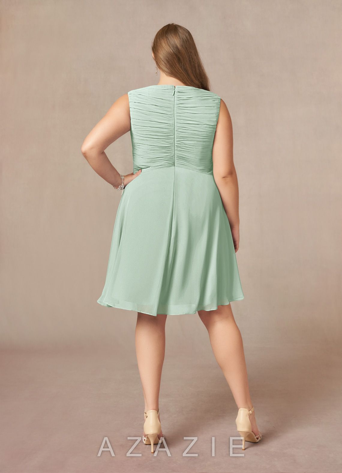 Azazie Theron Agave A-Line V-Neck Pleated Chiffon Dress agave