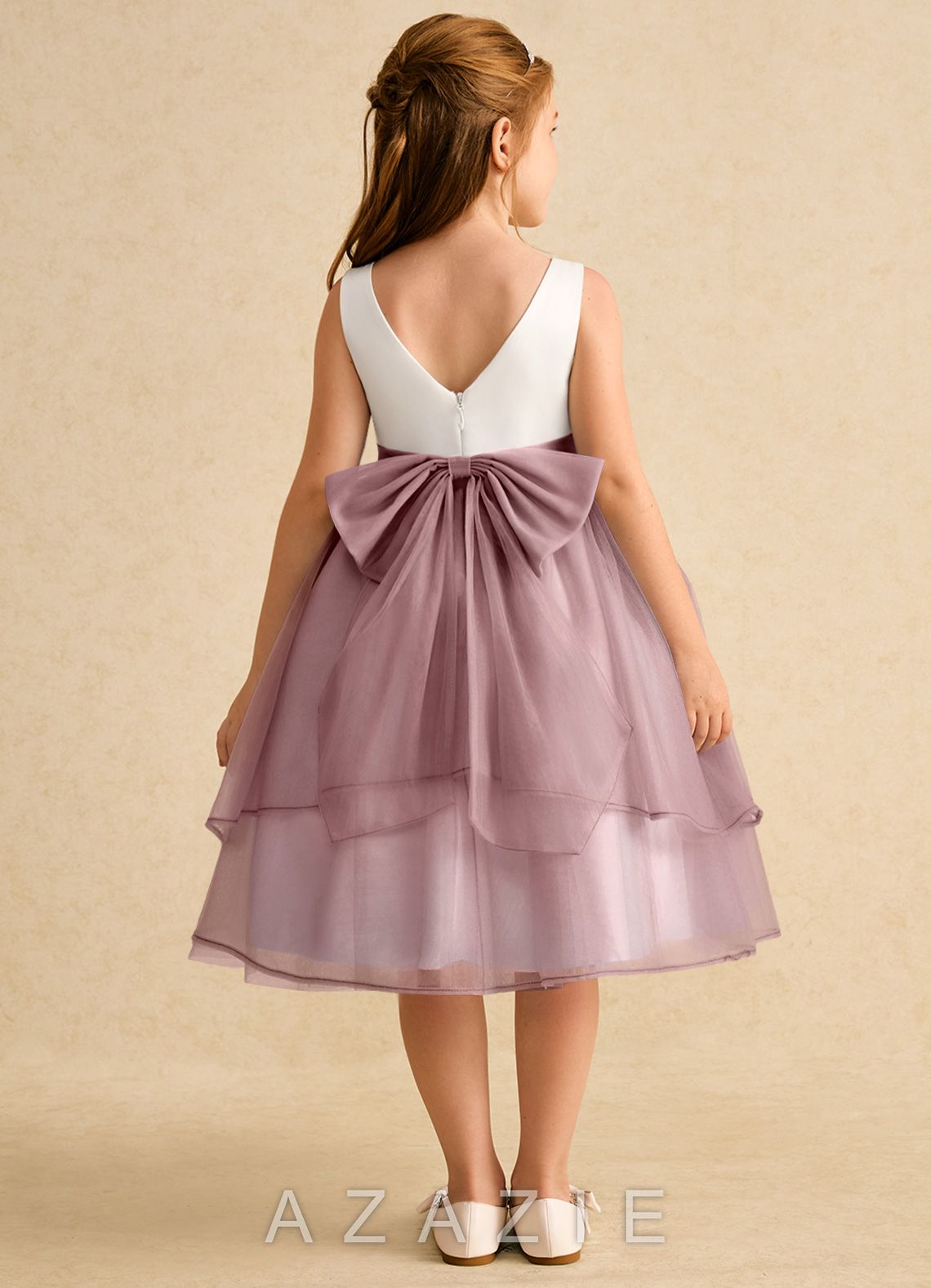 Azazie Rene Ivory Dusty Rose A-Line Bow Tulle Dress ivory/dusty_rose
