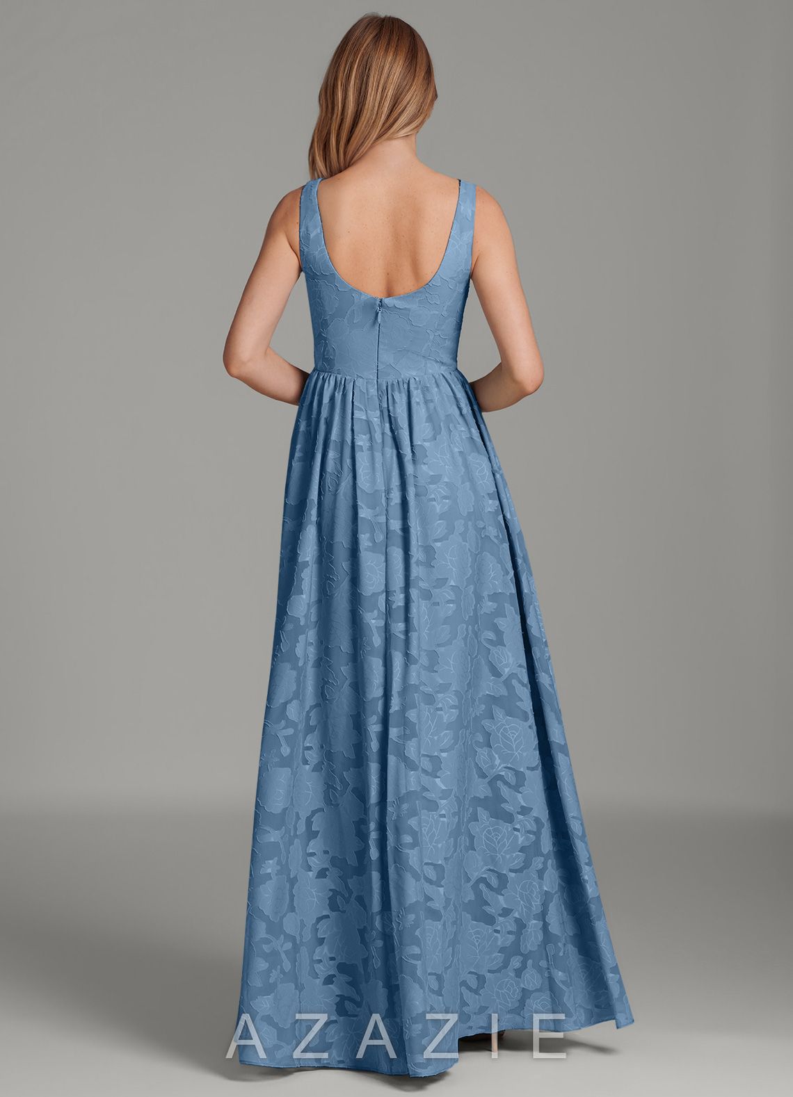 Azazie Keyla Steel Blue A-Line Pleated Floral Burnout Dress steel_blue