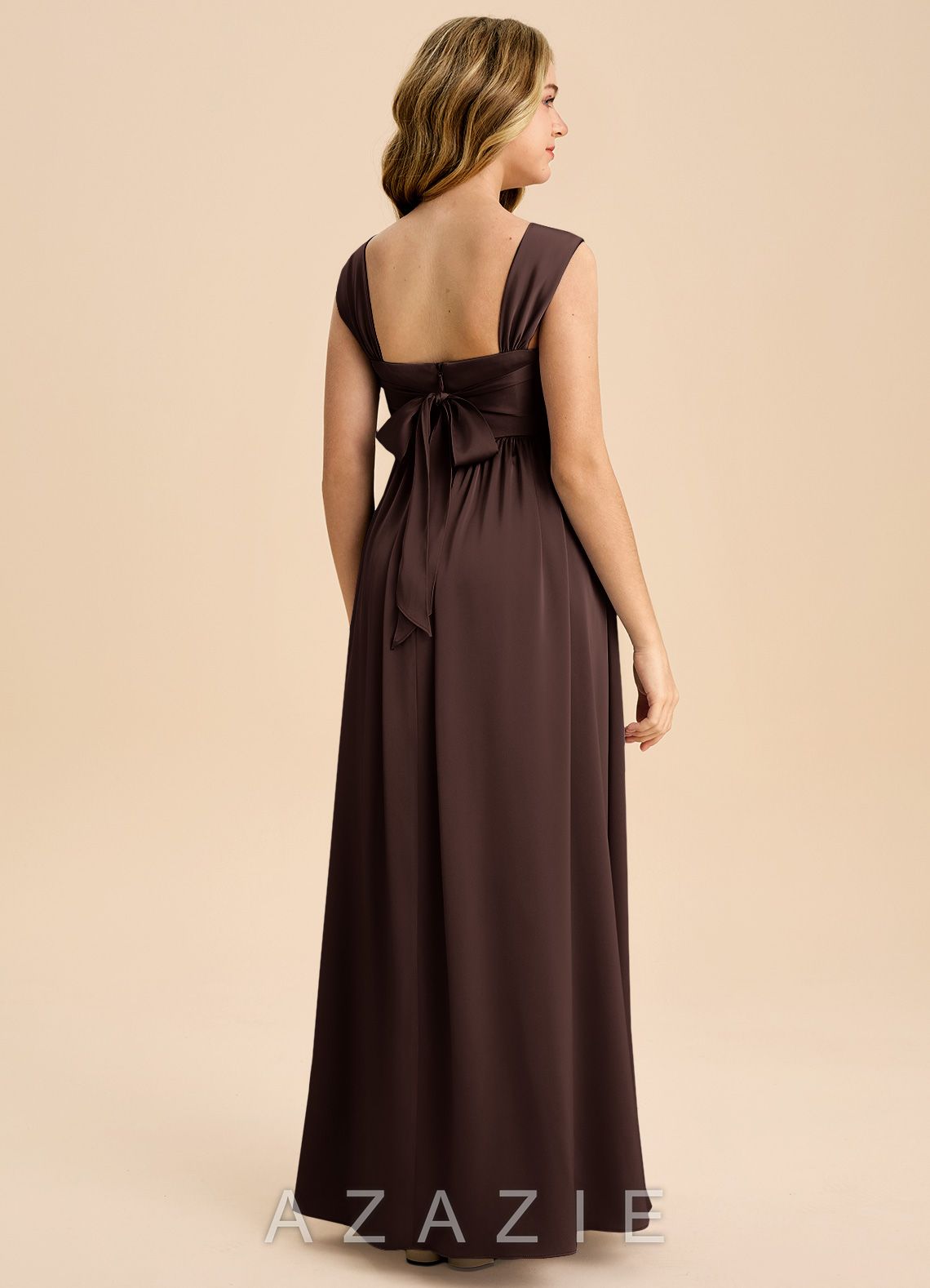 Azazie Hattie Junior Ganache A-Line Pleated Stretch Satin Dress ganache