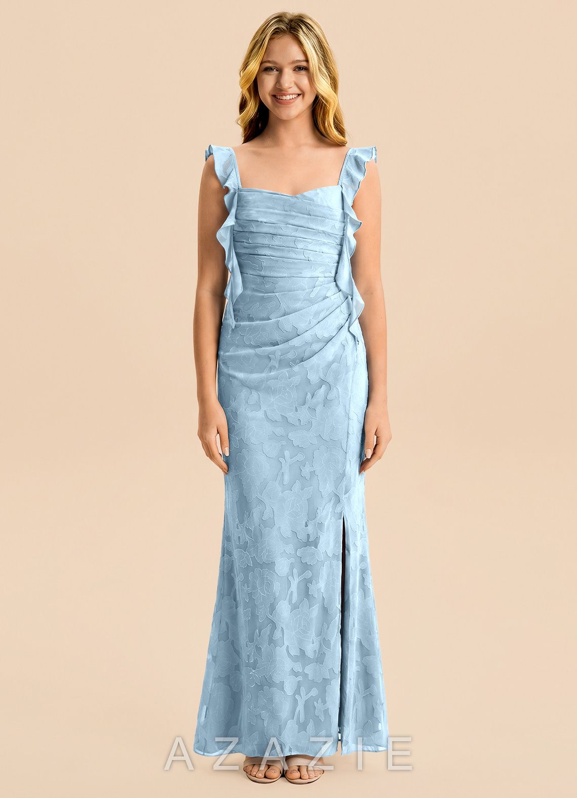 Azazie Jessamine Junior Sky Blue Mermaid Sweetheart Neckline Floral Burnout Dress sky_blue