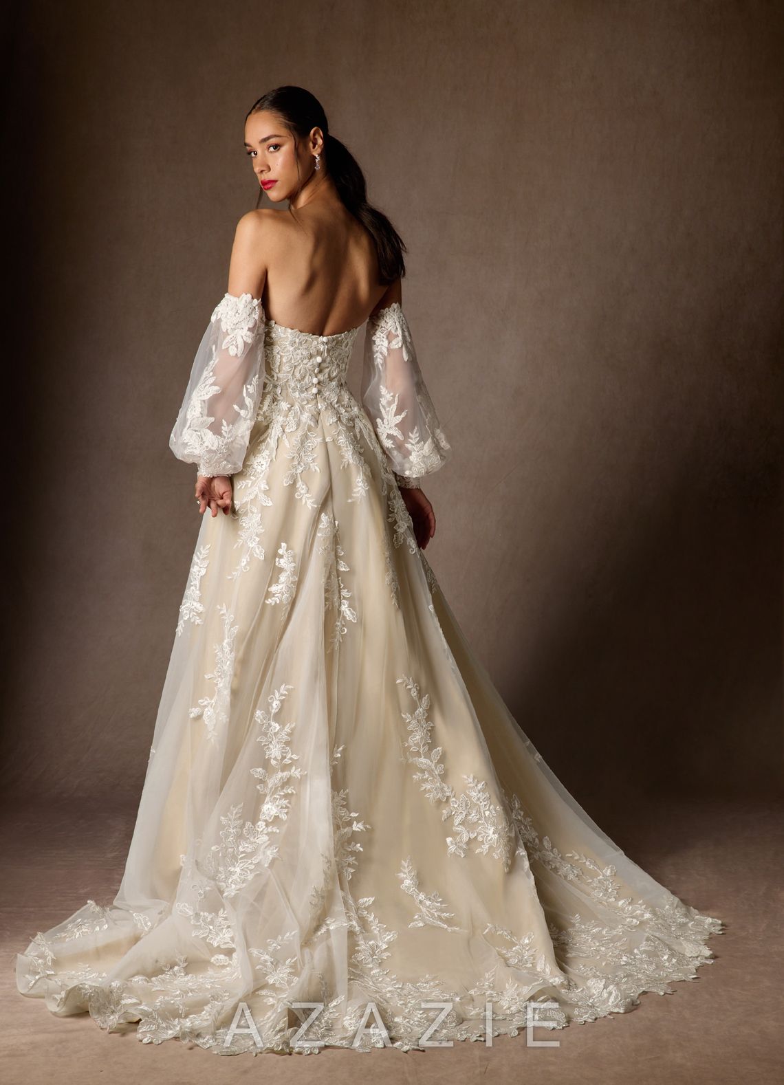 Azazie Madeleine Diamond White Champagne Ball-Gown Strapless Lace Dress