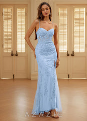Mythra Sky Blue Lace-embroidered Tulle Mermaid Prom Dress